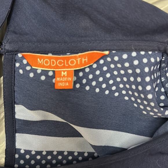 ModCloth Navy Light Blue Peter Pan Collar Blouse Medium stripes polka dots - Picture 6 of 8